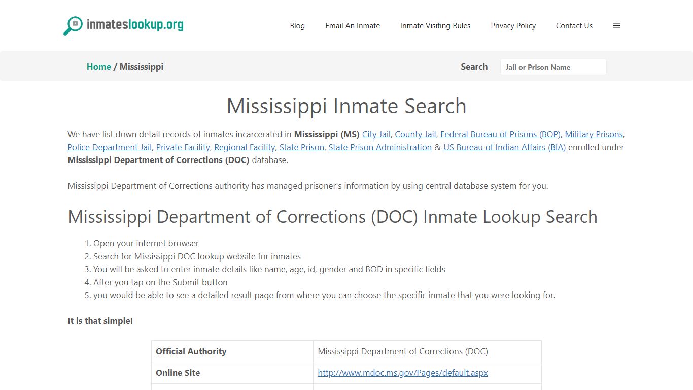 Mississippi Inmate Search - Inmates lookup