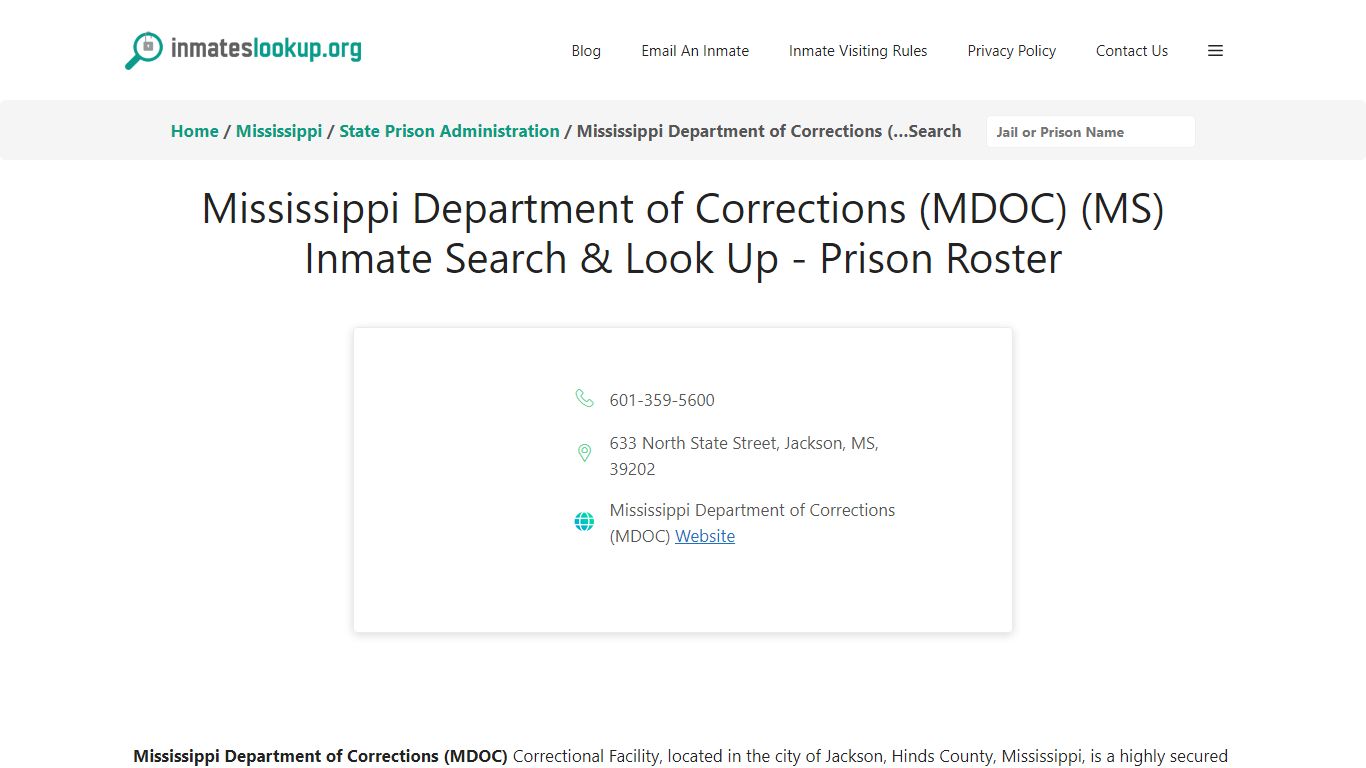 Mississippi Department of Corrections (MDOC) (MS) Inmate Search & Look ...